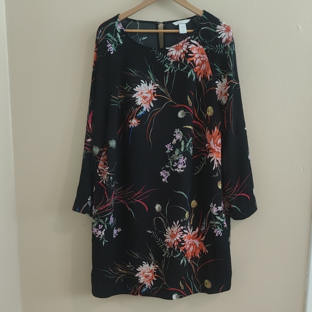 H&M Floral Black Dress Wide Sleeve Size XL